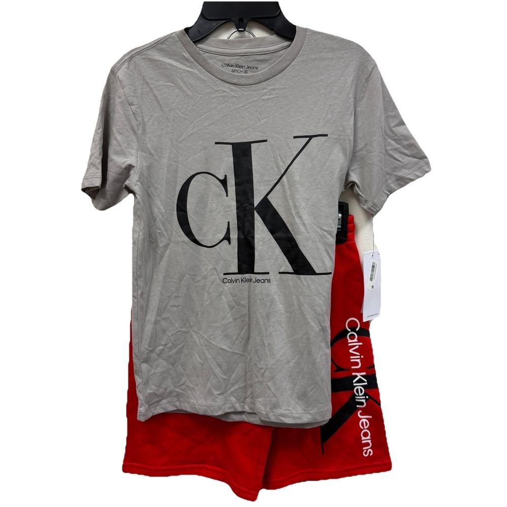 Calvin Klein Boys 2 Piece Shorts Set Gray T-shirt  Red Shorts Size 8 NWT